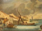 une image d'une peinture représentant des personnes sur un bateau dans l'eau