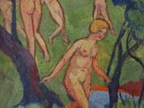 an image of a painting of a group of nudes bathing in a river