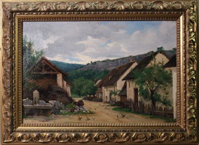 une photo d'un tableau représentant une scène de vie à la ferme, dans un cadre doré