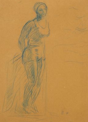 Ecole Art Déco "La baigneuse" Dessin au crayon bleu monogram… - Photo 1