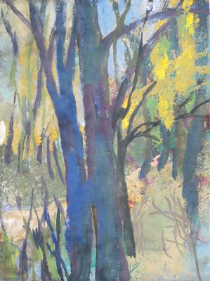 une peinture à l'huile représentant des arbres dans une forêt aux feuilles jaunes et bleues