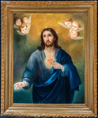 an oil painting of jesus holding a sacred heart surrounded by angels