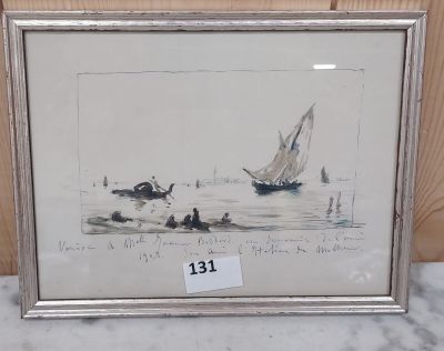 dessin représentant un voilier sur un plan d'eau, avec d'autres bateaux en arrière-plan