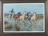 painting of a group of horses running through a body of water