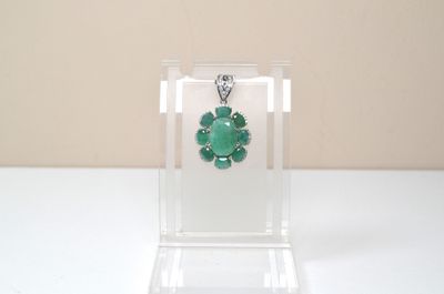 un collier présenté dans une boîte transparente, surmonté d'un pendentif en forme de fleur verte