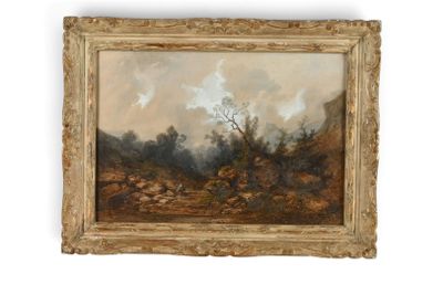an oil painting of a landscape with trees in the foreground