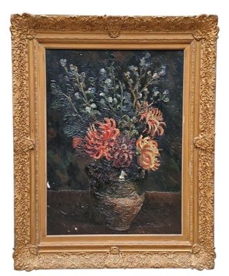une peinture de fleurs dans un vase sur une table