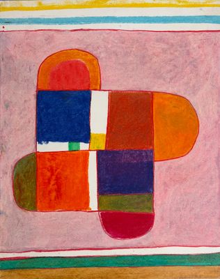 une image représentant un tableau avec un motif multicolore sur fond rose