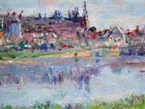 an oil painting of a river with a city in the background