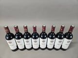 six bottles of red wine lined up in a row