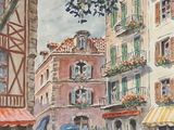 a painting of a street scene with people walking on the sidewalk