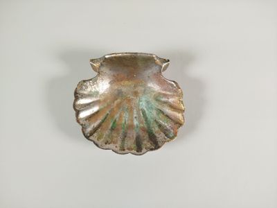 une image représentant un objet argenté en forme de coquillage posé sur une surface blanche