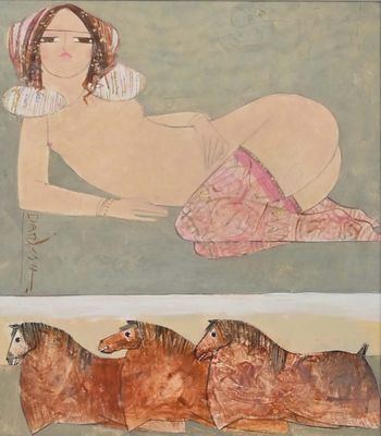 tableau représentant une femme allongée par terre à côté de deux chevaux