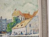 a picture of a painting of a building on the water
