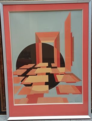 "Composition aux carrés oranges et jaune sur rond noir", lit…