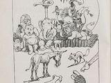 un vieux livre sur lequel figure un dessin représentant un groupe de personnes et d'animaux