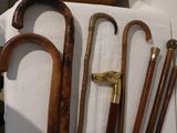 many different types of walking canes on a table