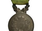 a medal on a stand with a ribbon around it
