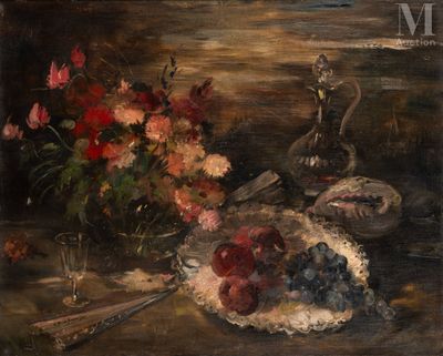a painting of a still life with flowers and fruit on a table