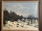 an oil painting of a snowy landscape with sheep in the foreground