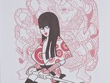 drawing of a woman sitting on a skateboard in front of a bunch of objects