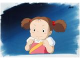a painting of a little girl holding a banana in her hand