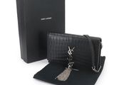 saint laurent wallet bag in black crocodile embossed leather with tassel