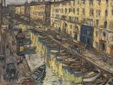 un tableau représentant un canal avec des bateaux