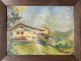 une peinture à l'huile représentant une maison sur une colline avec des arbres en arrière-plan
