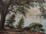 un tableau représentant une vue sur un lac et une ville
