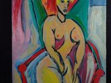 tableau représentant une femme assise sur une chaise, coiffée d'un chapeau rouge