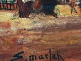 an oil painting of a group of people riding horses in front of a barn