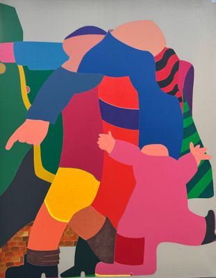 a painting of a group of people walking down the street