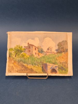 une vieille photo représentant une peinture d'une ferme avec une maison en arrière-plan
