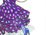 painting of a woman in a purple polka dot dress with a mouse in her hand
