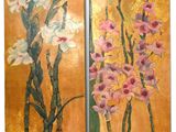 two paintings of flowers in a vase on a gold background