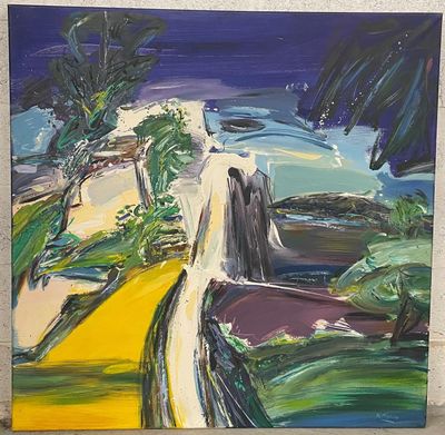 an oil painting of a person walking down a path near a body of water