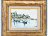 painting of two boats in a body of water with a house in the background