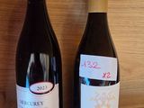 deux bouteilles de vin posées sur une étagère l'une à côté de l'autre