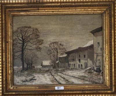 une image d'une photo d'un tableau représentant un village sous la neige