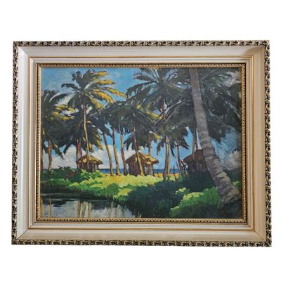 peinture à l'huile encadrée représentant un paysage tropical avec des palmiers et de l'eau