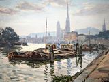 un tableau représentant un bateau sur l'eau, avec une ville en arrière-plan