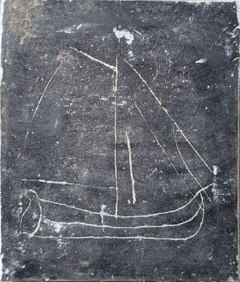 drawing of a boat on a stone slab with a black background