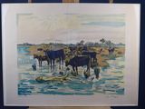 une photo d'un tableau représentant des vaches dans l'eau