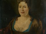 a painting of a woman in a brown dress and blue top