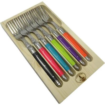 six forks and a knife in a wooden box