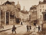 peinture d'une scène de rue avec des personnes marchant dans la rue