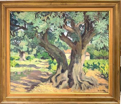 une peinture à l'huile représentant un arbre dans un champ avec une maison à l'arrière-plan