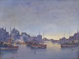 une peinture représentant une scène portuaire avec des bateaux sur l'eau