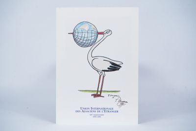 greeting card featuring a stork holding a globe in its beak